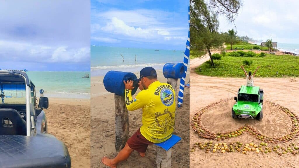 Colagem de três fotos mostrando como é o passeio de buggy em Maragogi, perto de Maceió. A primeira (à esquerda) é do buggy com o mar de fundo, a segunda (meio) é de um buggeiro sentado olhando para um objeto feito de madeira para tirar fotos com o mar de fundo, e a terceira (è direta) é de um buggy verde no centro de um desenho de coração feito de cocos na areia, com uma mulher sentada no teto do veículo com as duas mãos para cima. Ao fundo tem árvores, mato e o mar