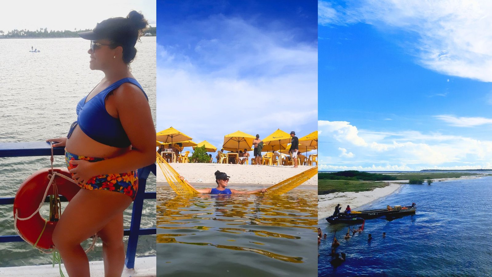 Colagem de três fotos mostrando como é o passeio de barco em Pontal da Barra. A primeira (à esquerda) é de uma mulher grávida, sorrindo, olhando a lagoa dentro de um barco. A segunda foto (meio) é de uma mulher em uma rede dentro do mar e com cadeiras e guarda-sóis ao fundo. A terceira foto (à direita) é da praia com barco e um pequeno banco de areia