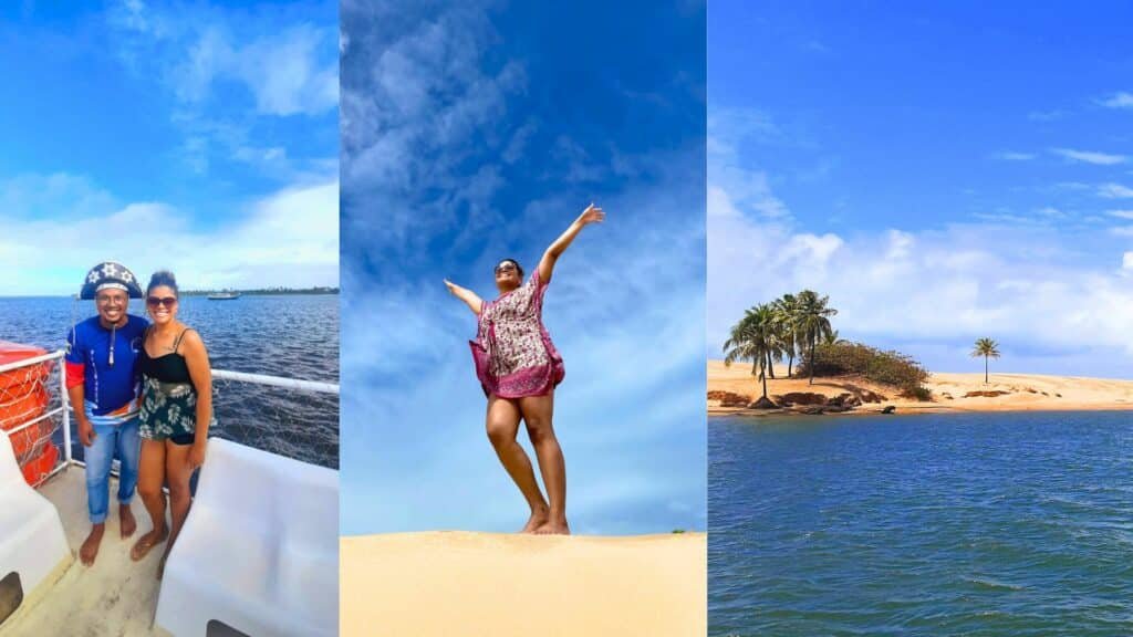 Colagem de três fotos mostrando como é o passeio na Foz do Rio São Francisco, um dos pontos turístiscos perto de Maceió. A primeira imagem é de um homem e mulher sorrindo dentro de um barco com o rio de fundo. A segunda (ao meio) é de uma mulher com os braços levantados em cima de uma duna de areia e o céu com nuvens brancas de fundo. A terceira imagem (à direita) é da orla do rio com dunas de areia, árvores e o rio São Francisco à frente