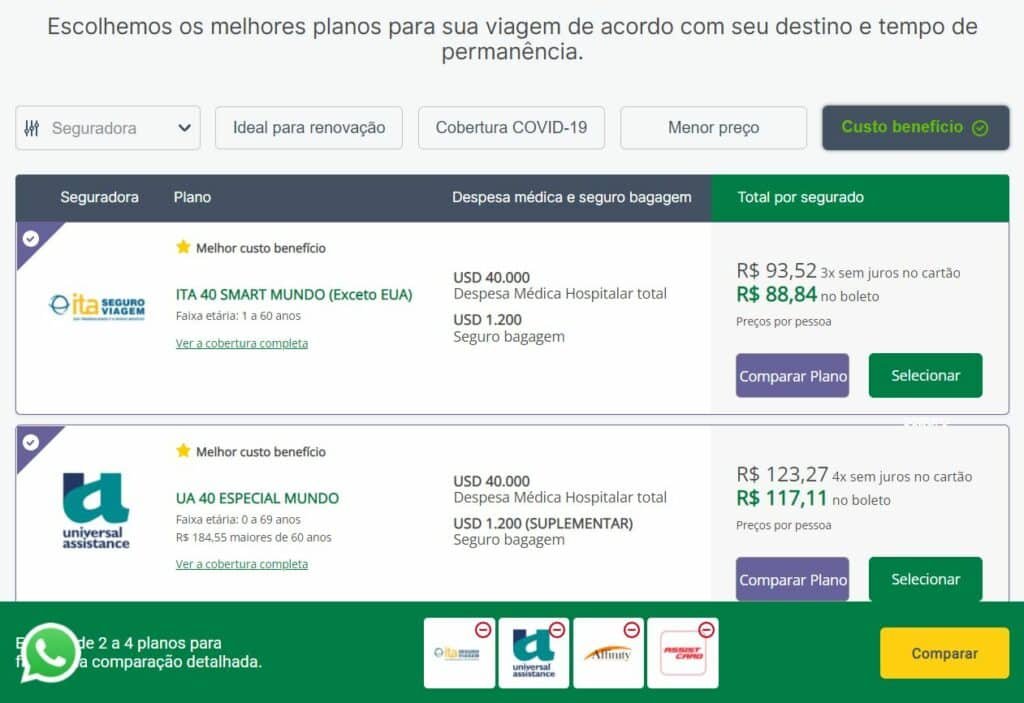 Tela da Seguros Promo mostrando opções de seguro viagem Europa