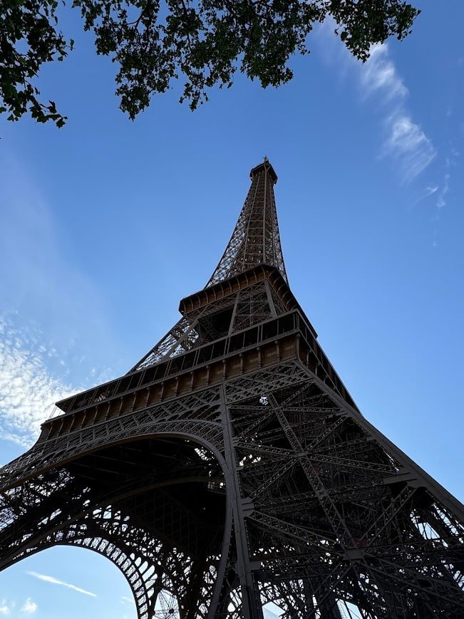 Vista de ângulo baixo da Torre Eiffel contra um céu azul claro, com galhos de árvores emoldurando os cantos superiores da imagem.