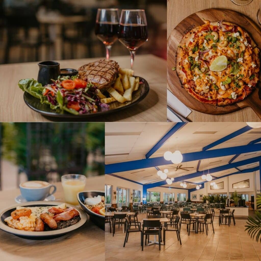 Colagem de um prato de bife, uma pizza, um prato de café da manhã e uma área de jantar iluminada com mesas e cadeiras vazias no McKenzie