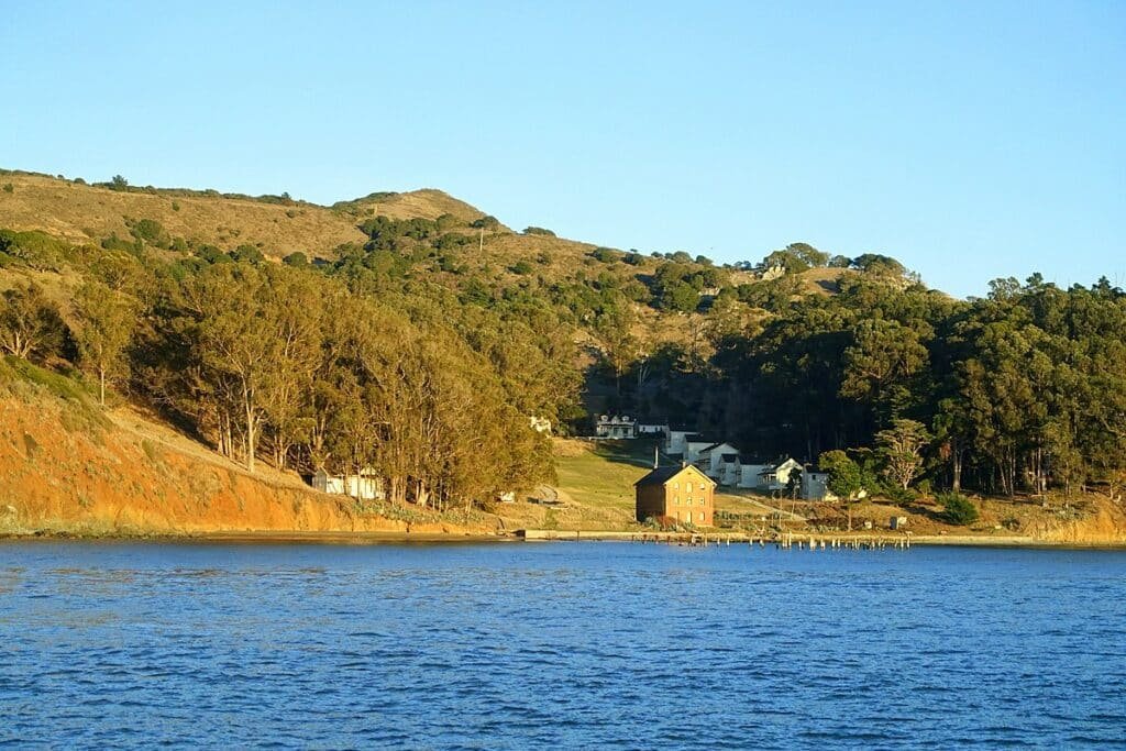 Vista do mar e de um pedaço da vegetação de Angel Island. Ao fundo estão diversas árvores, campos e algumas casas e construções. 