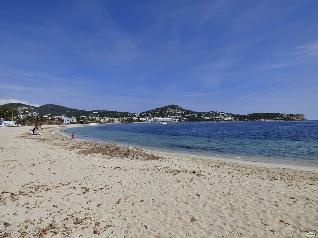 Praia de areia com algas espalhadas, água azul clara, pessoas distantes e colinas sob um céu azul com nuvens finas. Essa é a Cala Talamanca, uma das praias em Ibiza recomendadas.