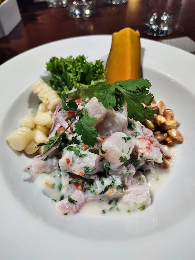 prato arredondado branco com ceviche dentro. Há vários cubos de peixe temperado com coentro, acomoanhado de milhos e batatas