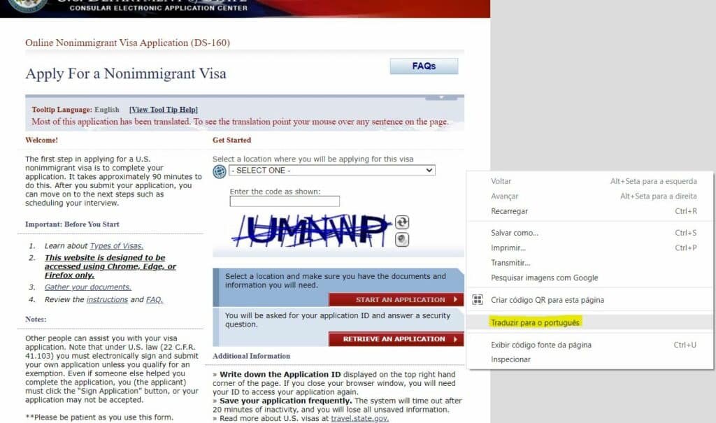 Página inicial do site do consulado americano com opção de tradução da página aparecendo no navegador