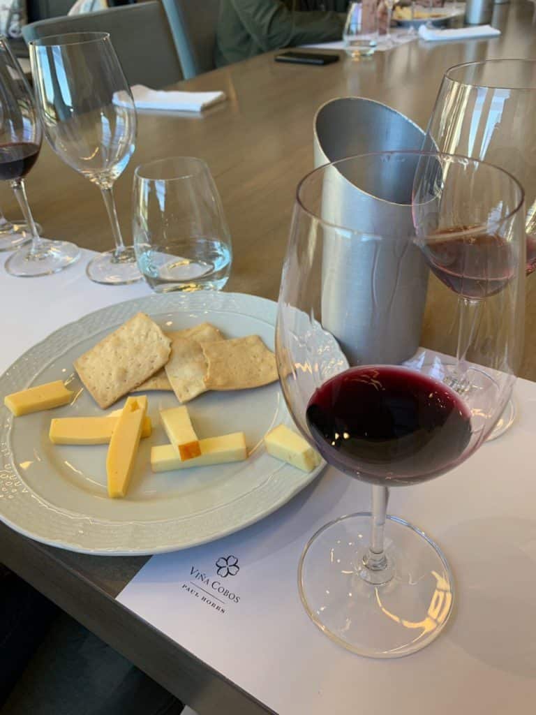 Taça de vinho da degustação na Vina Cobos com queijos e bolachas. Foto: Bruno Tavares