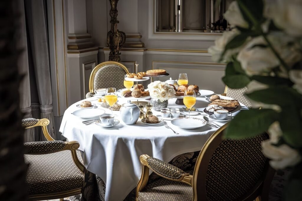 A imagem mostra uma mesa redonda elegantemente preparada para um café da manhã no Four Seasons Hotel George V Paris. A mesa, coberta com uma toalha branca, tem várias taças de suco de laranja, uma bandeja de chá, xícaras de café, pratos com pães, croissants e bolos. Ao centro, um vaso com rosas brancas. A sala tem decoração sofisticada com cadeiras estofadas e detalhes dourados.