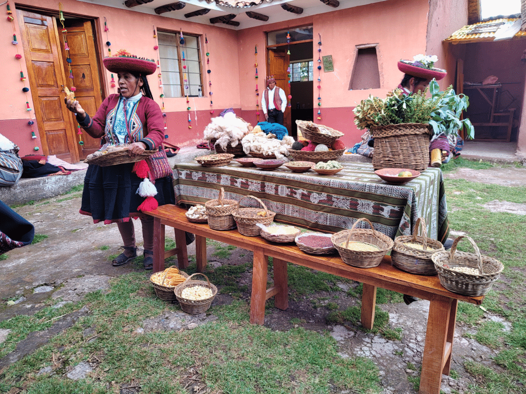 jardim aberto com uma grande mesa retangular coberta por um pano elaborado e artesanal. Em cima e na frente dele, sobre um banco de madeira, há várias cestas e pratos com grãos diversos. Ao lado da mesa, em pé, no lado esquerdo da imagem, há uma mulher peruana vestida tipicamente explicando sobre os grãos