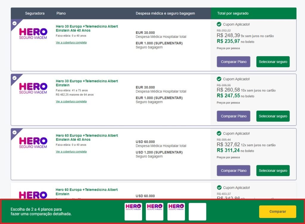 Print da tela da Seguros Promo com planos da Hero sendo comparados