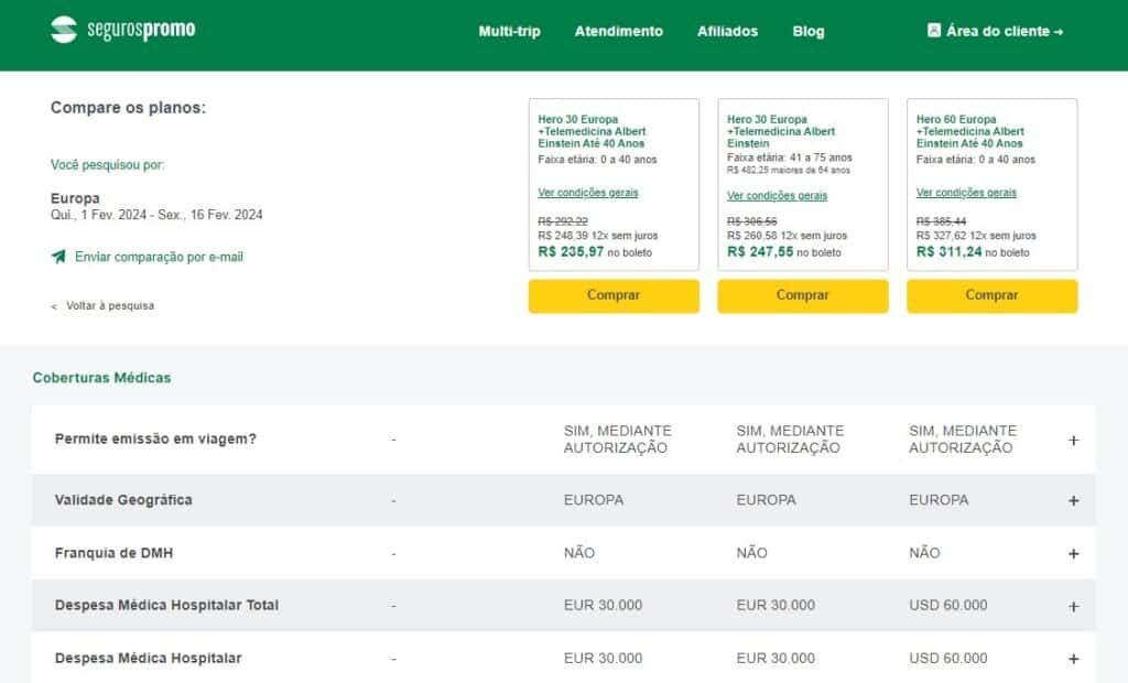 Print da tela do site da Seguros Promo onde estão três planos da Hero lado a lado sendo comparados