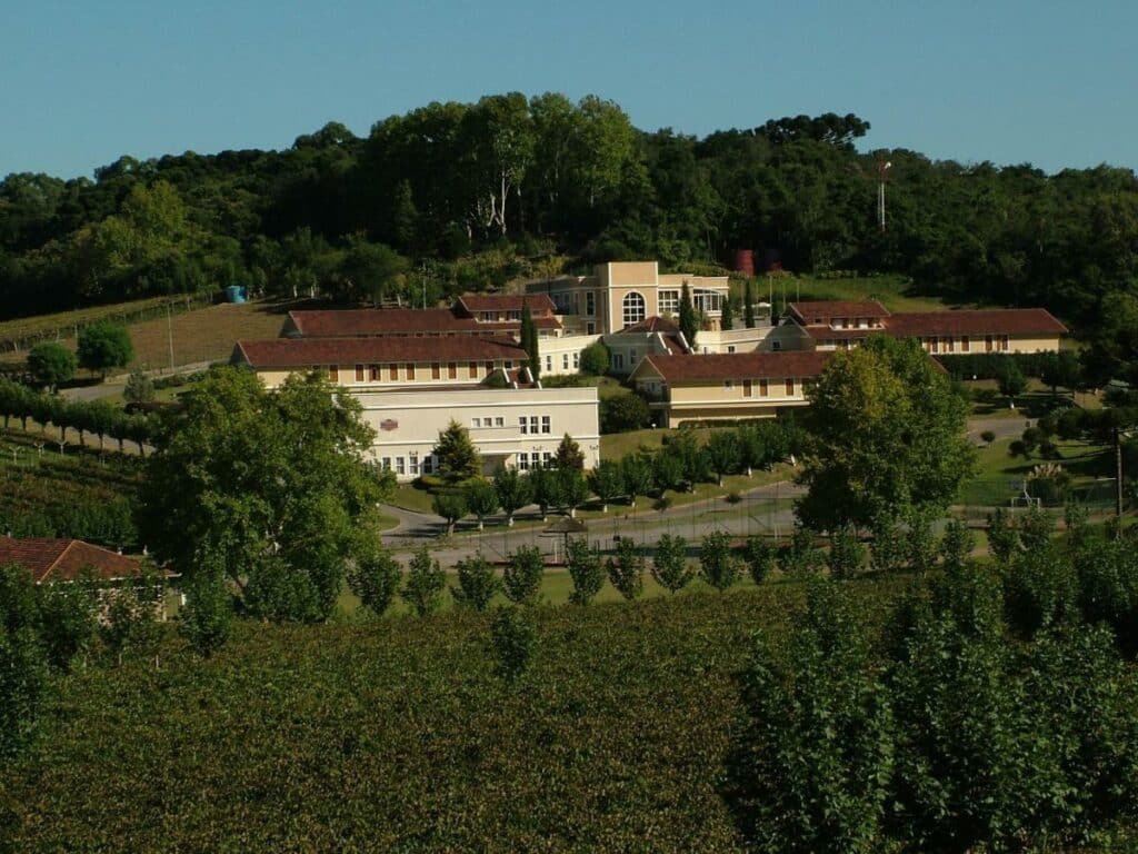 Vista externa do Hotel Villa Michelon, um dos hotéis em Bento Gonçalves, com vinhedos e árvores ao redor