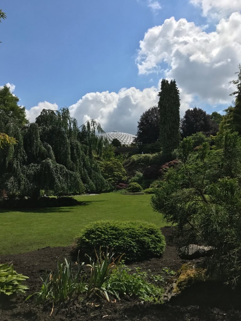 Jardim exuberante com várias árvores e arbustos sob um céu parcialmente nublado. Imagem para ilustrar post sobre o que fazer em Vancouver.