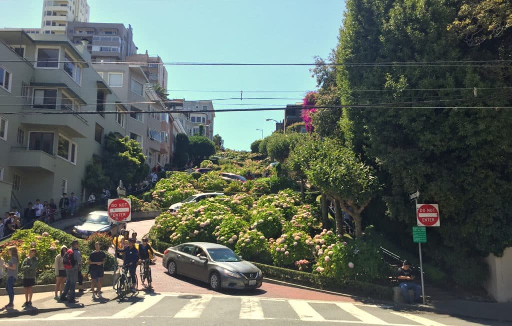 Foto da rua Lombard Street vista de baixo. Ela é um morro em zigue-zague rodeado por arbustos e flores. Os carros estão descendo e algumas pessoas caminham pela calçada. Foto também para o post de o que fazer em San Francisco.