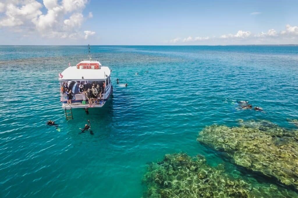 Imagem de um barco com vários turistas prestes a mergulharem no mar. Alguns já estão na água. A foto representa o que fazer em Porto Seguro.