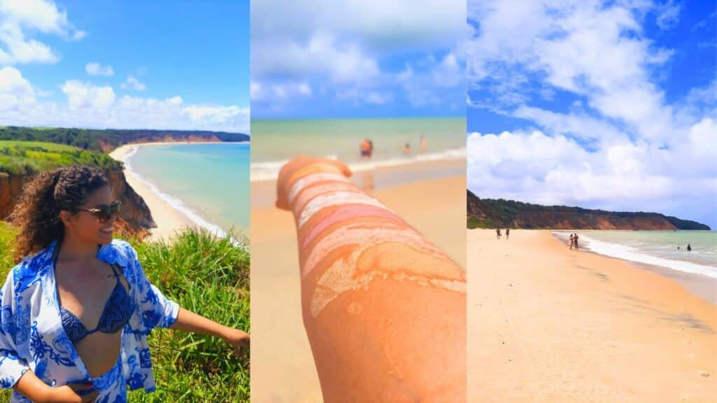 Colagem de três fotos mostrando a praia de Carro Quebrado. A primeira (à esquerda) é de uma mulher olhando para o lado no Mirante do Carro Quebrado, mostrando a praia azulada ao fundo. A segunda foto (meio) é de um braço com listras coloridas feitas de argila com a praia do Carro Quebrado ao Fundo. A terceira foto (à direita) é da faixa de areia da praia de Carro Quebrado com poucas pessoas e o mar com poucas ondas
