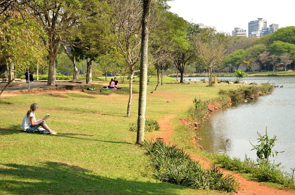 Pessoas relaxando perto de um lago no Parque Ibirapuera com vegetação e árvores exuberantes, com o horizonte da cidade visível ao fundo. Imagem para ilustrar post sobre o que fazer no feriado de Corpus Christi.