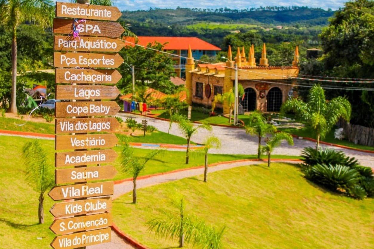 A imagem mostra um cenário do Parque do Avestruz Eco Resort, com uma placa de madeira no centro que indica várias direções para diferentes áreas do local, como restaurante, spa, parque aquático, academia, sauna, e outras atrações. Ao fundo, vê-se uma construção rústica com elementos decorativos que lembram um castelo, além de um caminho pavimentado rodeado de grama verde e palmeiras. O horizonte é composto por colinas cobertas de vegetação, sob um céu azul com algumas nuvens. O ambiente parece tranquilo, ideal para descanso e lazer em meio à natureza. Esse é um dos hotéis-fazenda em Minas Gerais.