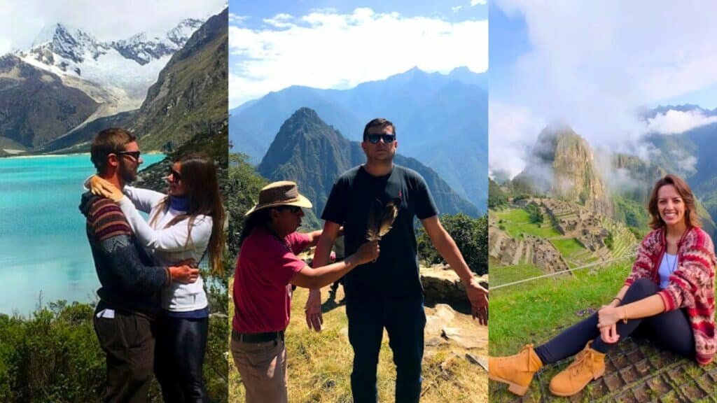 Colagem de três fotos. A primeira (à esquerda) é de um casal se abraçando, olhando um para o outro e sorrindo. Ao fundo há um lago azulado e montanhas cobertas de neve. A segunda imagem (no meio) é de um homem peruano fazer um ritual, passando penas em outro homem que está com os braços semi abertos e de olhos fechados. Ao fundo há montanhas e muita natureza. A terceira foto (à direita) é de uma mulher sentada e sorrindo, com a visão de machu Pichu ao fundo. Há núvens atravessando o topo da montanha. Representam o que fazer no Peru