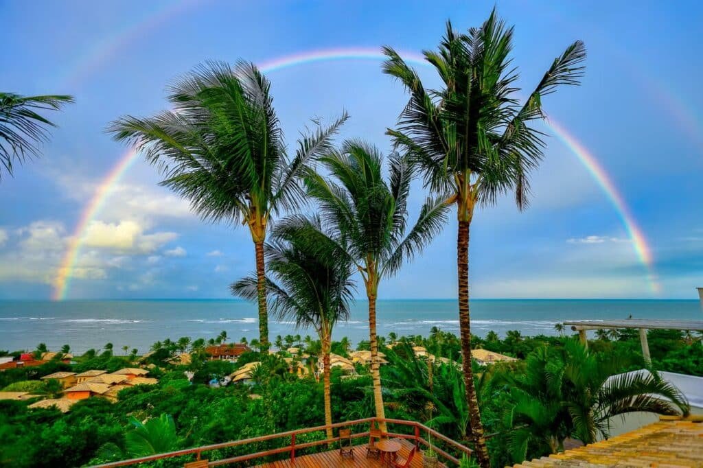 A foto representa o que fazer em Porto Seguro, mostrando a Praia do Taípe. Vemos várias palmeiras e um céu azul com arco-íris. No fundo está o mar.