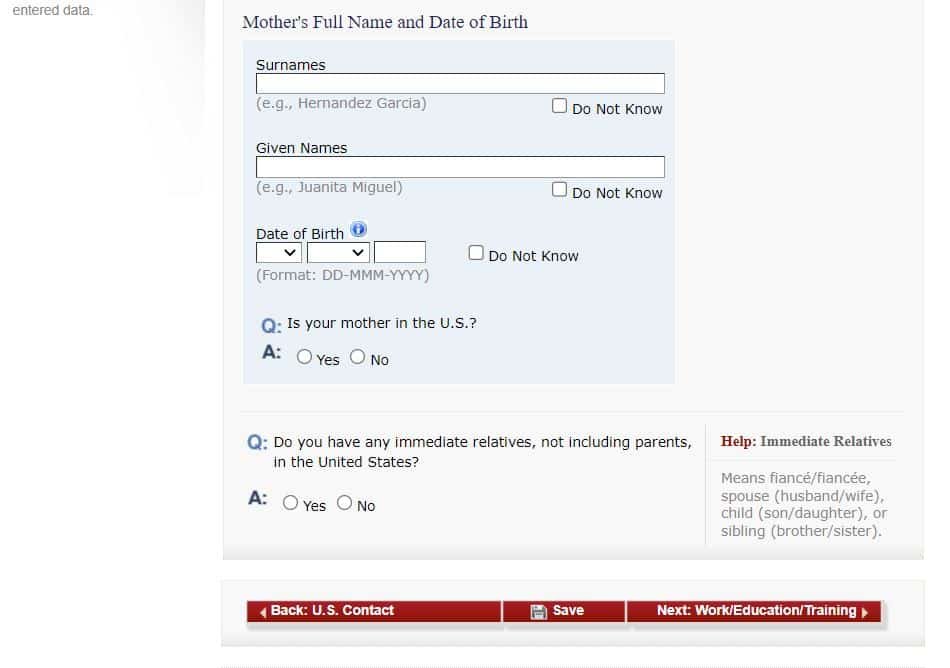 Outra parte da página do site do consulado americano onde é preenchido o formulário DS-160 na parte de Family Information
