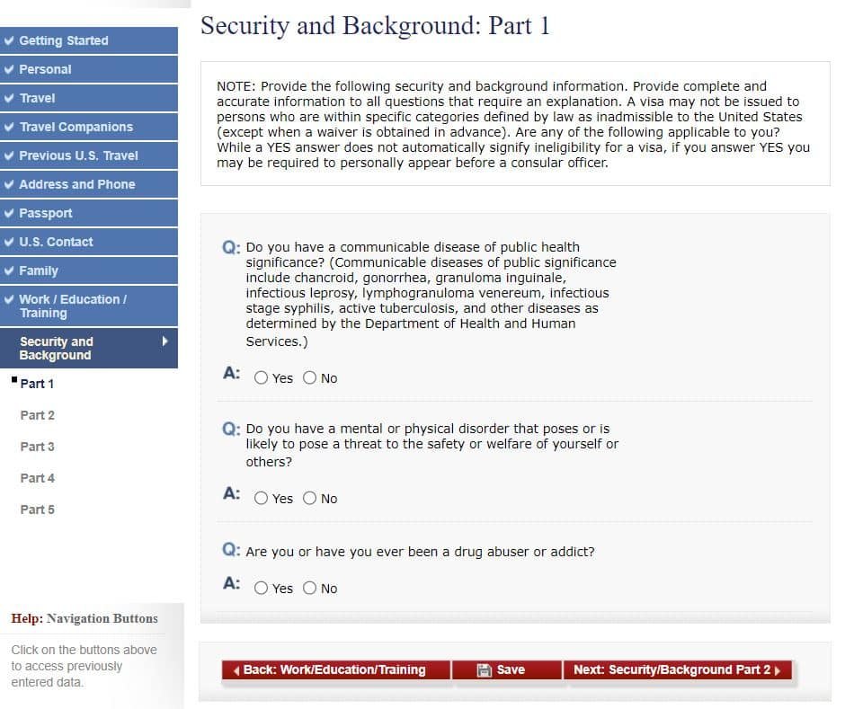 Página do site do consulado americano onde é preenchido o formulário DS-160 na parte de Security and Background: Part 1