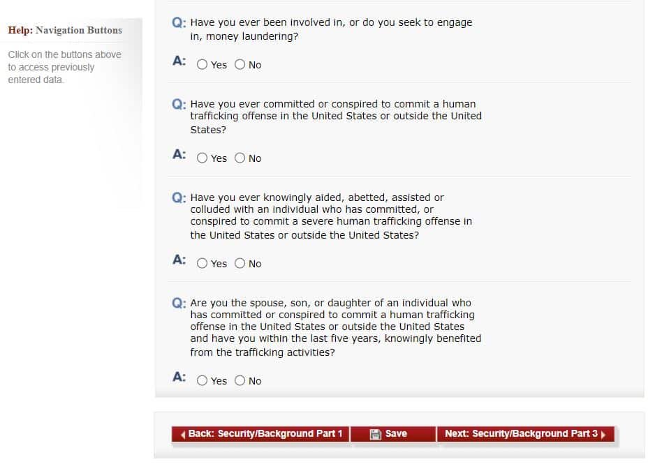 Outra parte da página do site do consulado americano onde é preenchido o formulário DS-160 na parte de Security and Background: Part 2
