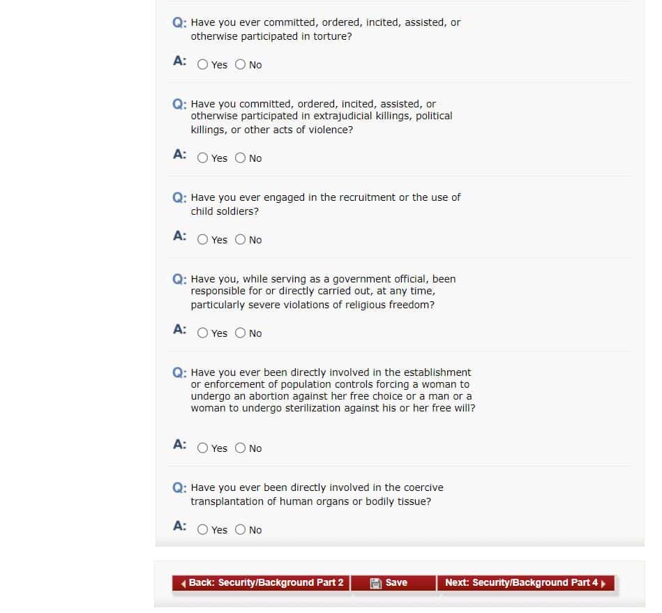 Outra parte da página do site do consulado americano onde é preenchido o formulário DS-160 na parte de Security and Background: Part 3