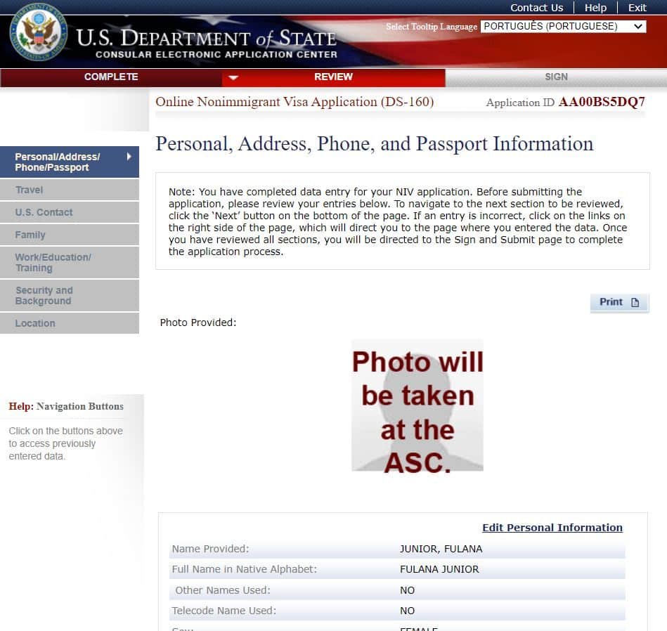 Página do site do consulado americano onde é preenchido o formulário DS-160 na parte de revisão dos dados