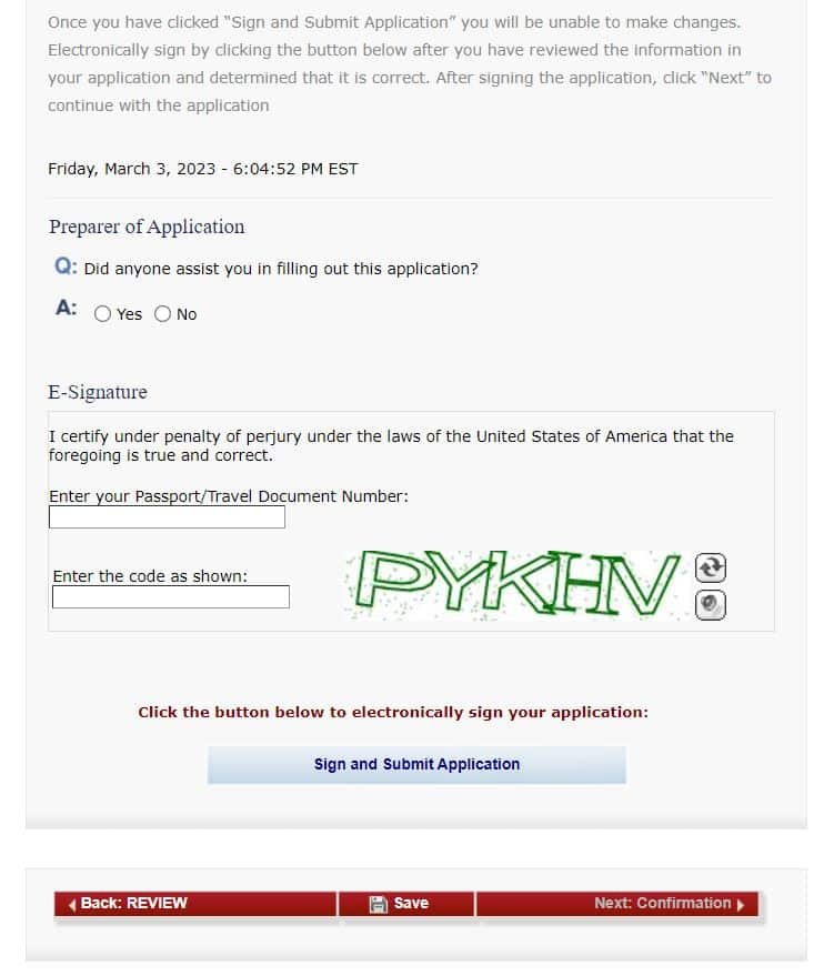 Outra parte da página do site do consulado americano onde é preenchido o DS-160 na parte de envio do formulário
