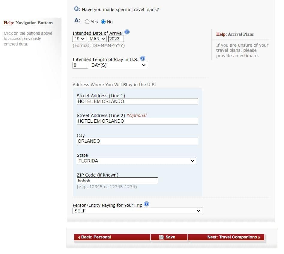 Página do site do consulado americano onde é preenchido o formulário DS-160 na parte de mais detalhes sobre Travel Information