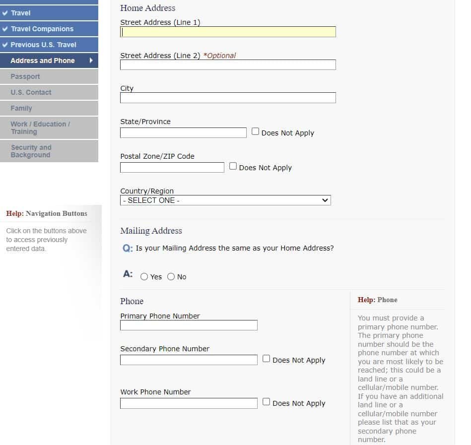 Página do site do consulado americano onde é preenchido o formulário DS-160 na parte de Address and Phone Information