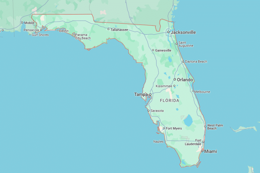 Mapa da Flórida mostrando as principais cidades, incluindo Miami, Orlando, Tampa e Jacksonville, com contornos costeiros e fronteiras estaduais, para ilustrar algumas cidades do nosso roteiro alternativo para Flórida