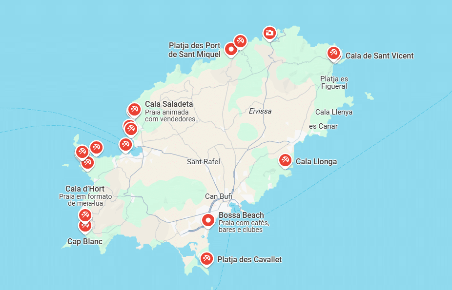 Mapa mostrando as praias em Ibiza com e locais marcados, incluindo Platja des Port de Sant Miquel, Cala Saladeta e Bossa Beach.