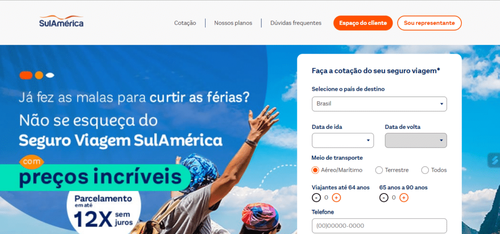print da página inicial do site do Seguro Viagem Sulamerica