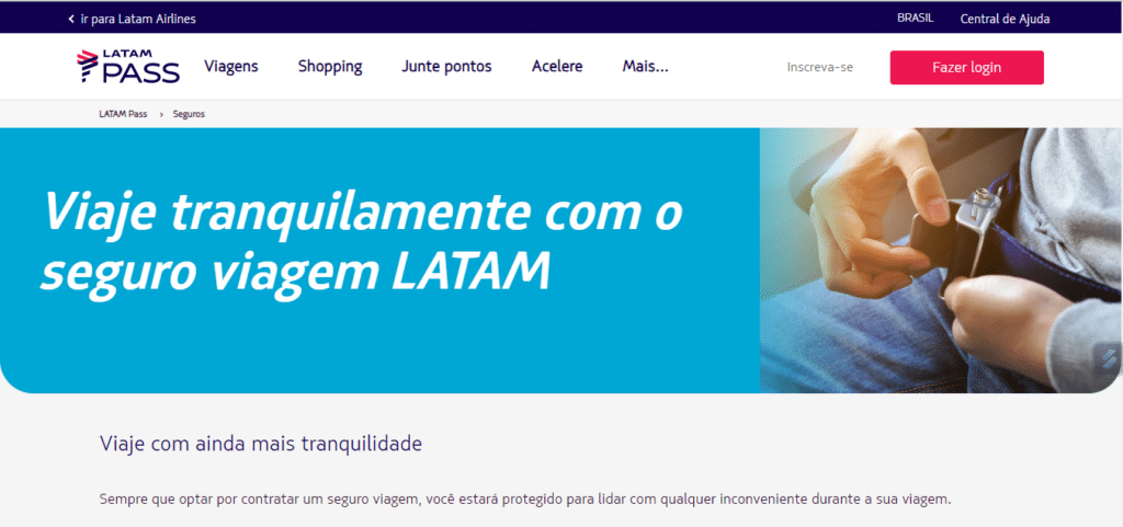 print da tela inicial da página do Seguro Viagem LATAM