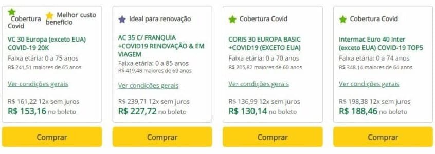 Quatro cartões de opções de seguro de viagem exibidos, cada um com cobertura de COVID, apólices, idades, preços e um botão "Comprar".