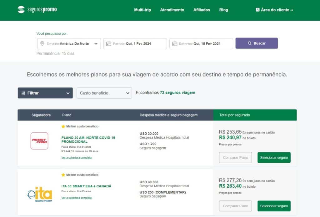 Print da tela onde é possível selecionar os planos no site da Seguros Promo