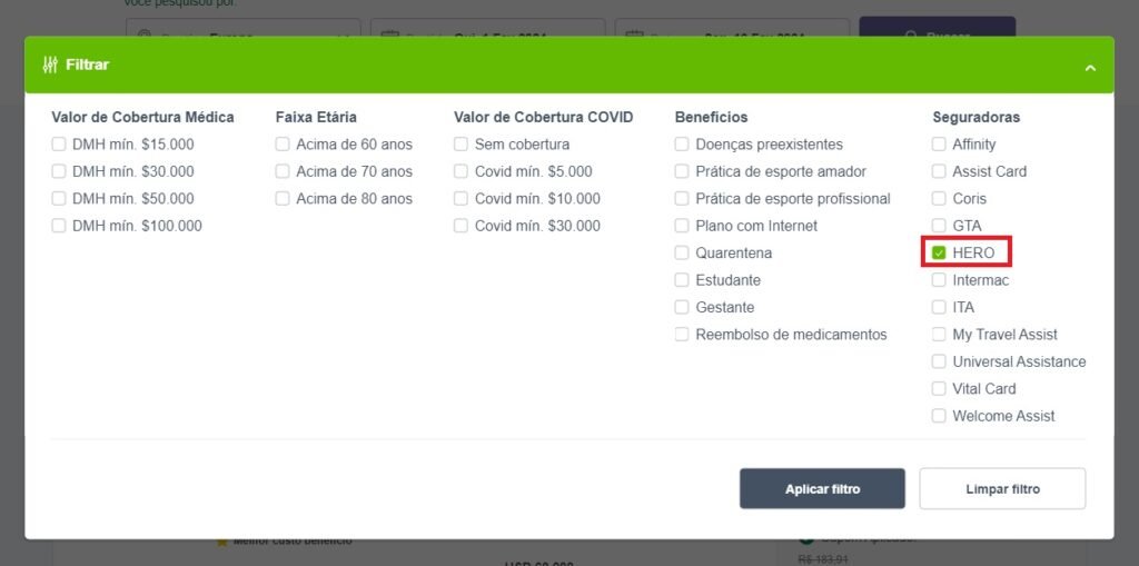 Print da tela da Seguros Promo onde é possível selecionar um filtro para aparecer seguros da Hero