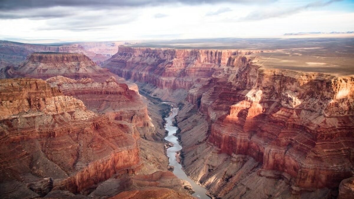 Vista do Grand Canyon do Skyline. A foto mostra todas as rochas e o lado que passa entre elas, além do horizonte.