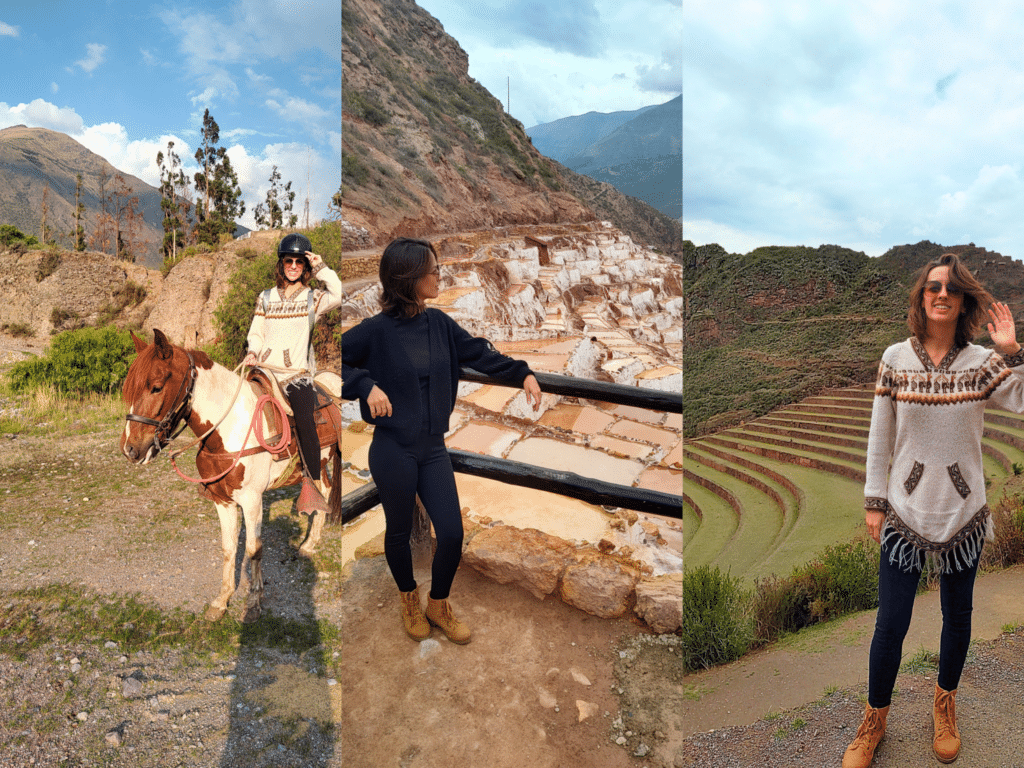 mosaico de três fotos para representar o vale sagrado do incas. A primeira, da esquerda para direita, é de uma mulher montada em cima de um cavalo com uma bela vista das montanhas peruanas ao fundo, a segunda imagem é da mesma mulher em pé, em frente aos lagos de água salgada das Salinas de Maras, e a terceira imagem é da mesma mulher em pé, em frente aos degraus agrícolas do sítio arqueológico de písac
