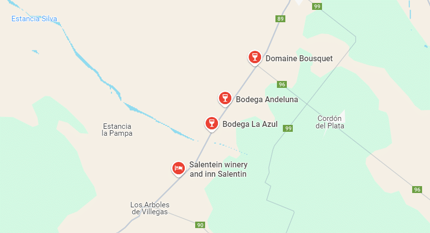 Mapa da região do Valle de Uco, na Argentina, mostrando várias vinícolas. As vinícolas Domaine Bousquet, Bodega Andeluna, Bodega La Azul e Salentein estão marcadas com ícones de taças de vinho, enquanto a Salentein Winery and Inn está marcada com um ícone de cama.